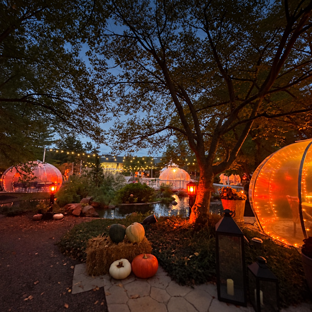 Illuminated garden igloo dining at Craftsman Kitchen and Terrace, dusk