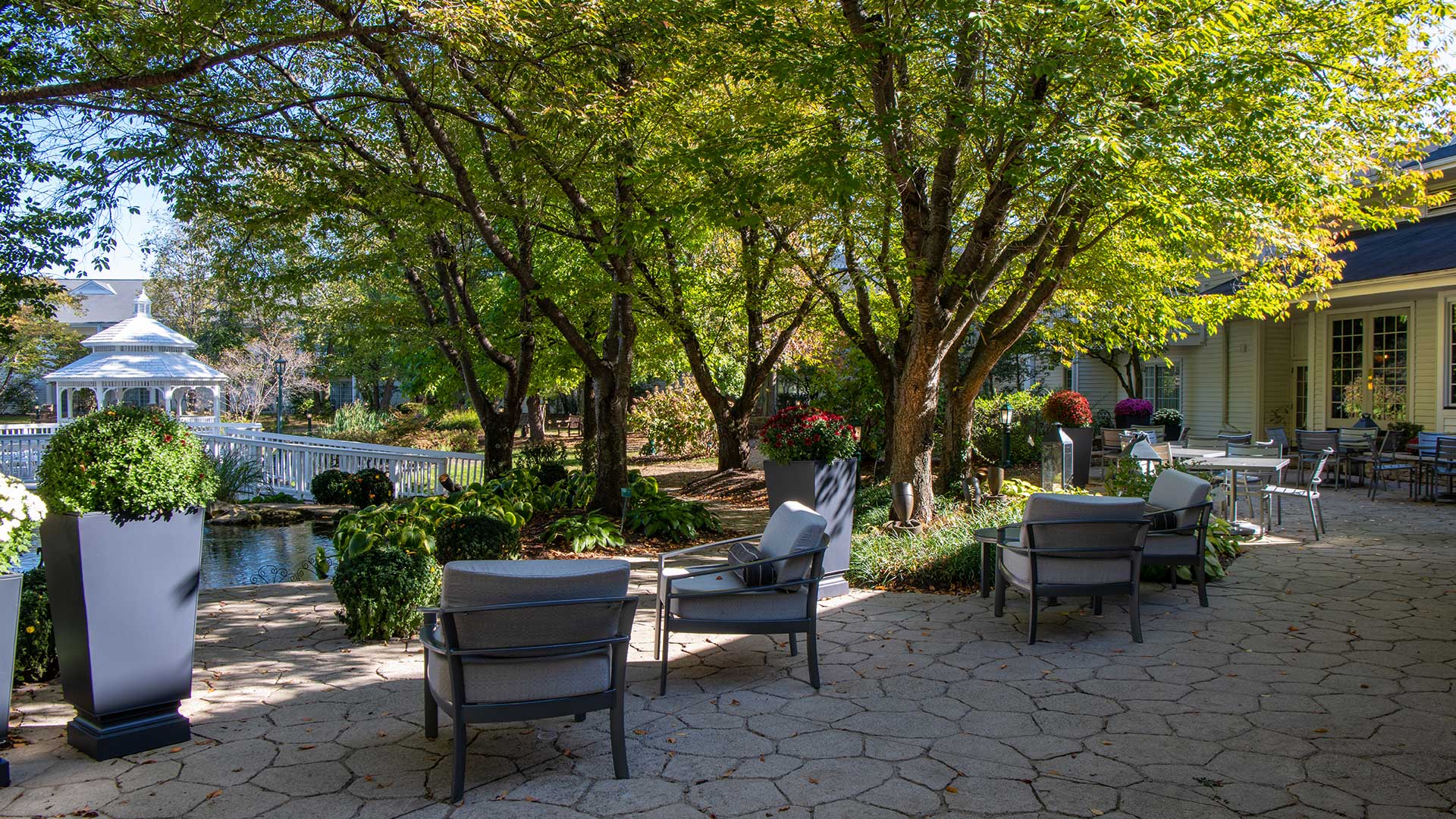 Garden terrace and gazebo at Cherry Valley Hotel, home of Craftsman Kitchen and Terrace