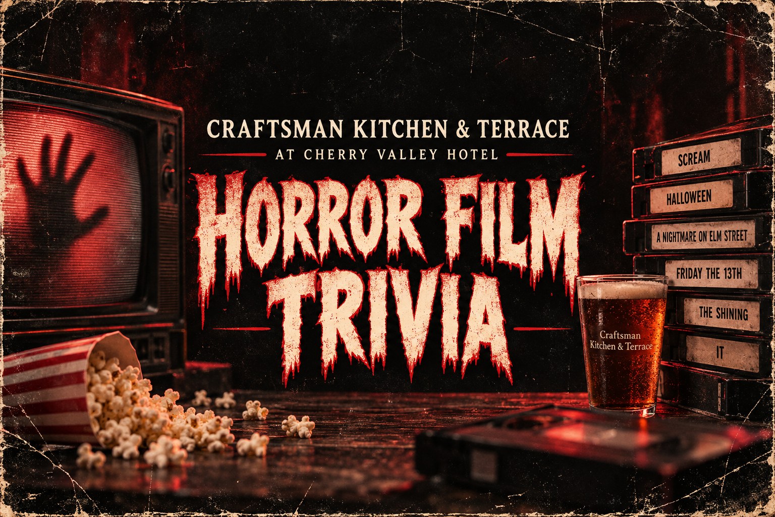 Horror Film Trivia at Craftsman Kitchen & Terrace at Cherry Valley Hotel: retro TV, VHS tapes, popcorn and a pint of beer
